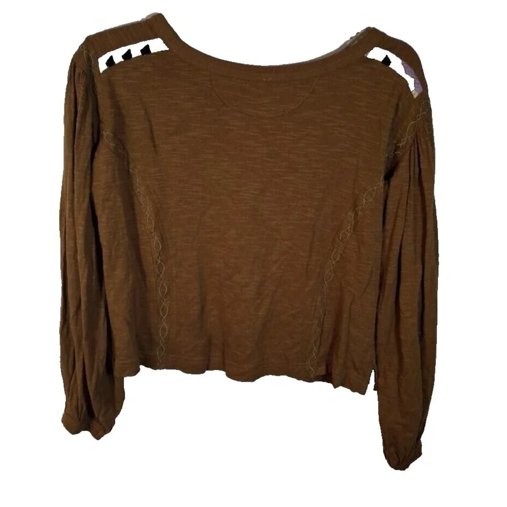Free People Brown Cropped Shirt with Colorful Design at‎ neck size XS Boho